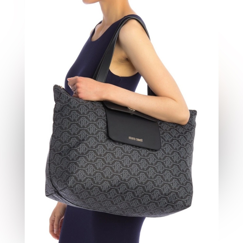 Roberto Cavalli Borsa Black Large Nylon Monogram Logo Print Folding Tote Bag